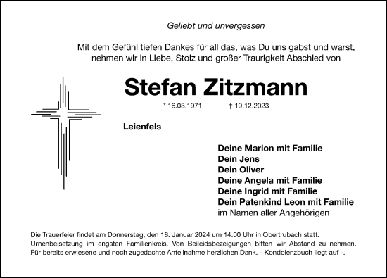 Traueranzeige von Stefan Zitzmann von Nordbayer. Nachrichten Pegnitz/ Nordbayer. Nachrichten Forchheim