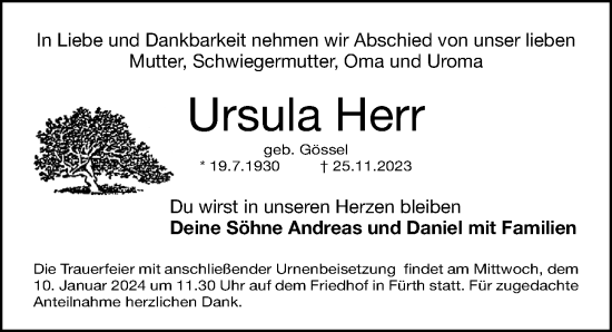 Traueranzeige von Ursula Herr von Fürther Nachrichten Lokal