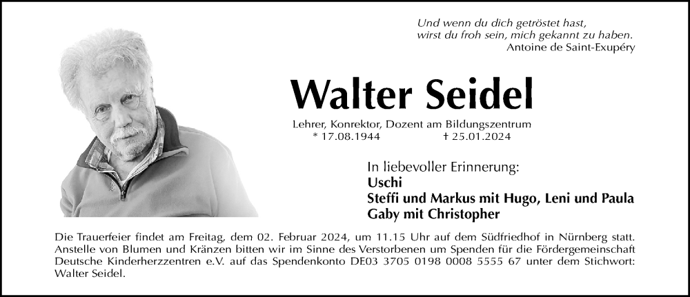  Traueranzeige für Walter Seidel vom 31.01.2024 aus Gesamtausgabe Nürnberger Nachrichten/ Nürnberger Ztg.
