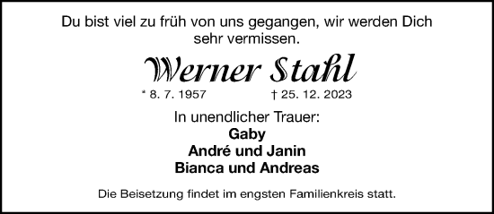 Traueranzeige von Werner Stahl von Gesamtausgabe Nürnberger Nachrichten/ Nürnberger Ztg.