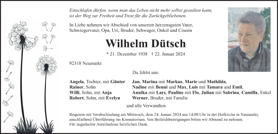 Traueranzeige von Wilhelm Dütsch von Neumarkter Nachrichten Lokal