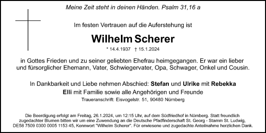 Traueranzeige von Wilhelm Scherer von Gesamtausgabe Nürnberger Nachrichten/ Nürnberger Ztg.