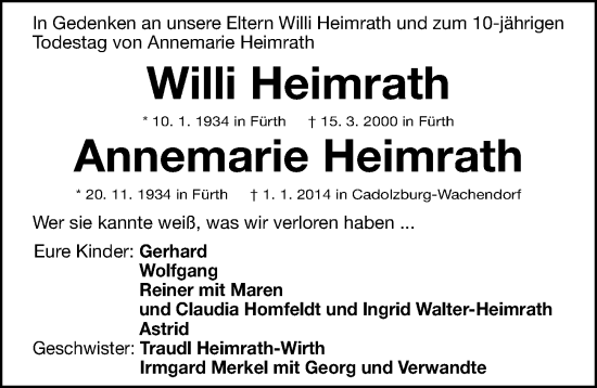 Traueranzeige von Willi Heimrath von Fürther Nachrichten Lokal