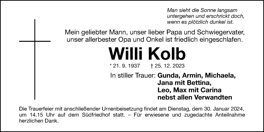  Traueranzeige für Willi Kolb vom 27.01.2024 aus Gesamtausgabe Nürnberger Nachrichten/ Nürnberger Ztg.