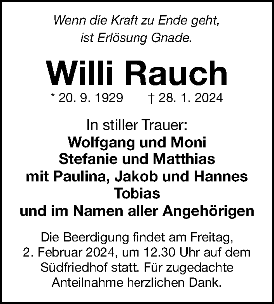 Traueranzeige von Willi Rauch von Gesamtausgabe Nürnberger Nachrichten/ Nürnberger Ztg.