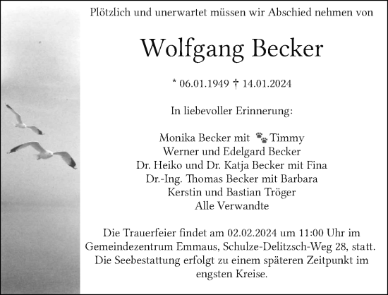 Traueranzeige von Wolfgang Becker von Gesamtausgabe Nürnberger Nachrichten/ Nürnberger Ztg.