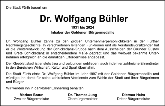 Traueranzeige von Wolfgang Bühler von Fürther Nachrichten Lokal