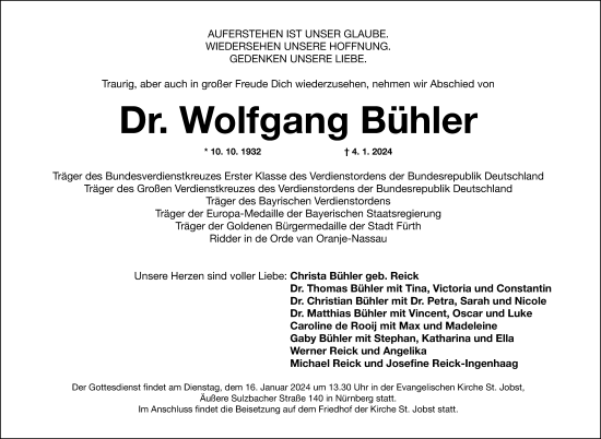Traueranzeige von Wolfgang Bühler von Gesamtausgabe Nürnberger Nachrichten/ Nürnberger Ztg.