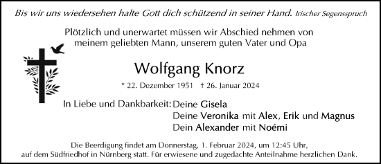 Traueranzeige von Wolfgang Knorz von Gesamtausgabe Nürnberger Nachrichten/ Nürnberger Ztg.