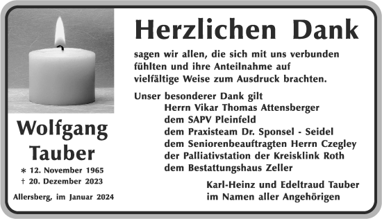 Traueranzeige von Wolfgang Tauber von Roth-Hilpoltsteiner Volkszeitung Lokal