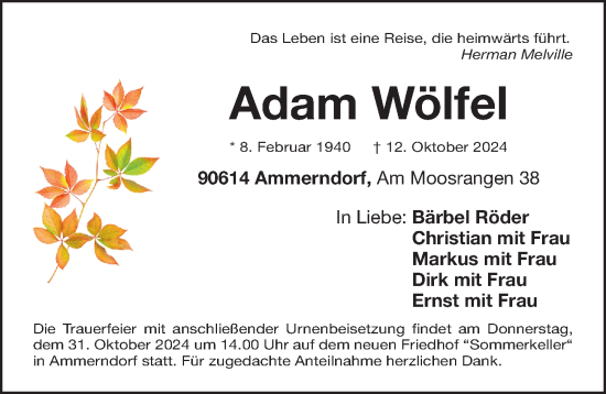 Traueranzeige von Adam Wölfel von Fürther Nachrichten Lokal