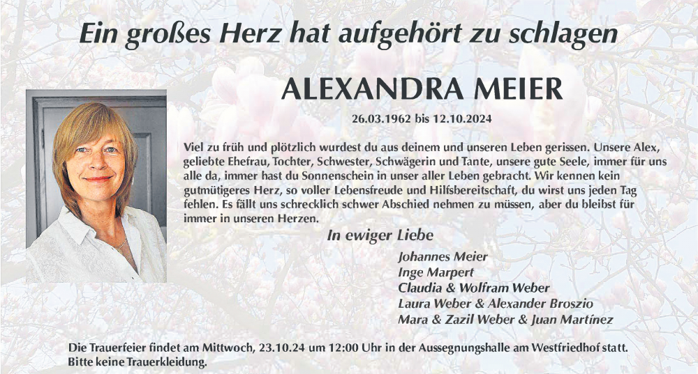  Traueranzeige für Alexandra Meier vom 19.10.2024 aus Gesamtausgabe Nürnberger Nachrichten/ Nürnberger Ztg.