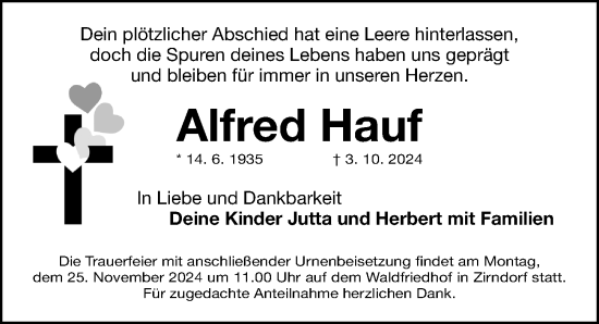 Traueranzeige von Alfred Hauf von Fürther Nachrichten Lokal