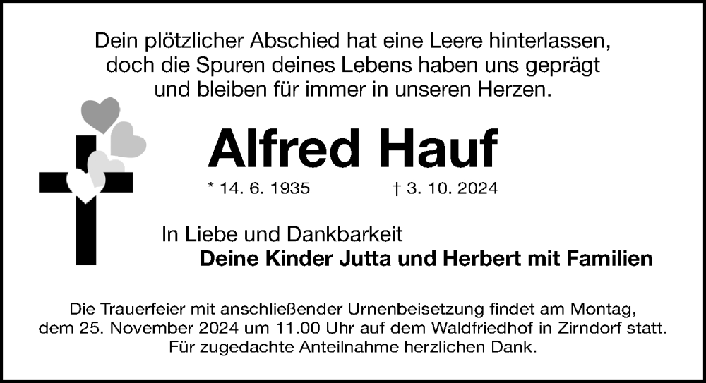  Traueranzeige für Alfred Hauf vom 26.10.2024 aus Fürther Nachrichten Lokal