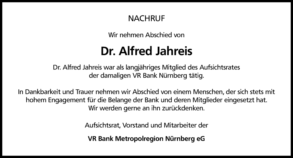 Traueranzeige für Alfred Jahreis vom 19.10.2024 aus Gesamtausgabe Nürnberger Nachrichten/ Nürnberger Ztg.