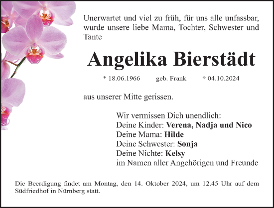 Traueranzeige von Angelika Bierstädt von Gesamtausgabe Nürnberger Nachrichten/ Nürnberger Ztg.