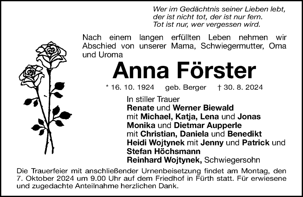  Traueranzeige für Anna Förster vom 02.10.2024 aus Fürther Nachrichten Lokal