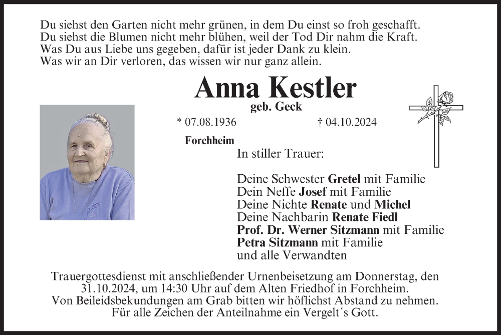  Traueranzeige für Anna Kestler vom 26.10.2024 aus Nordbayerische Nachrichten Forchheim Lokal