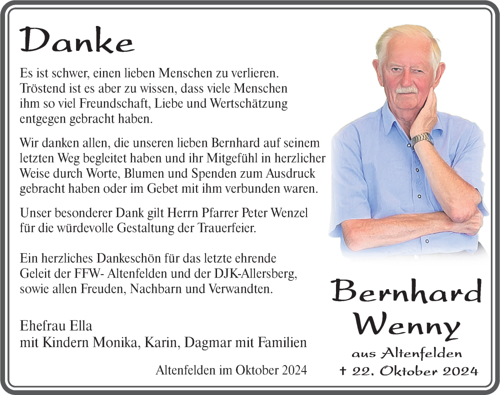  Traueranzeige für Bernhard Wenny vom 31.10.2024 aus Roth-Hilpoltsteiner Volkszeitung Lokal