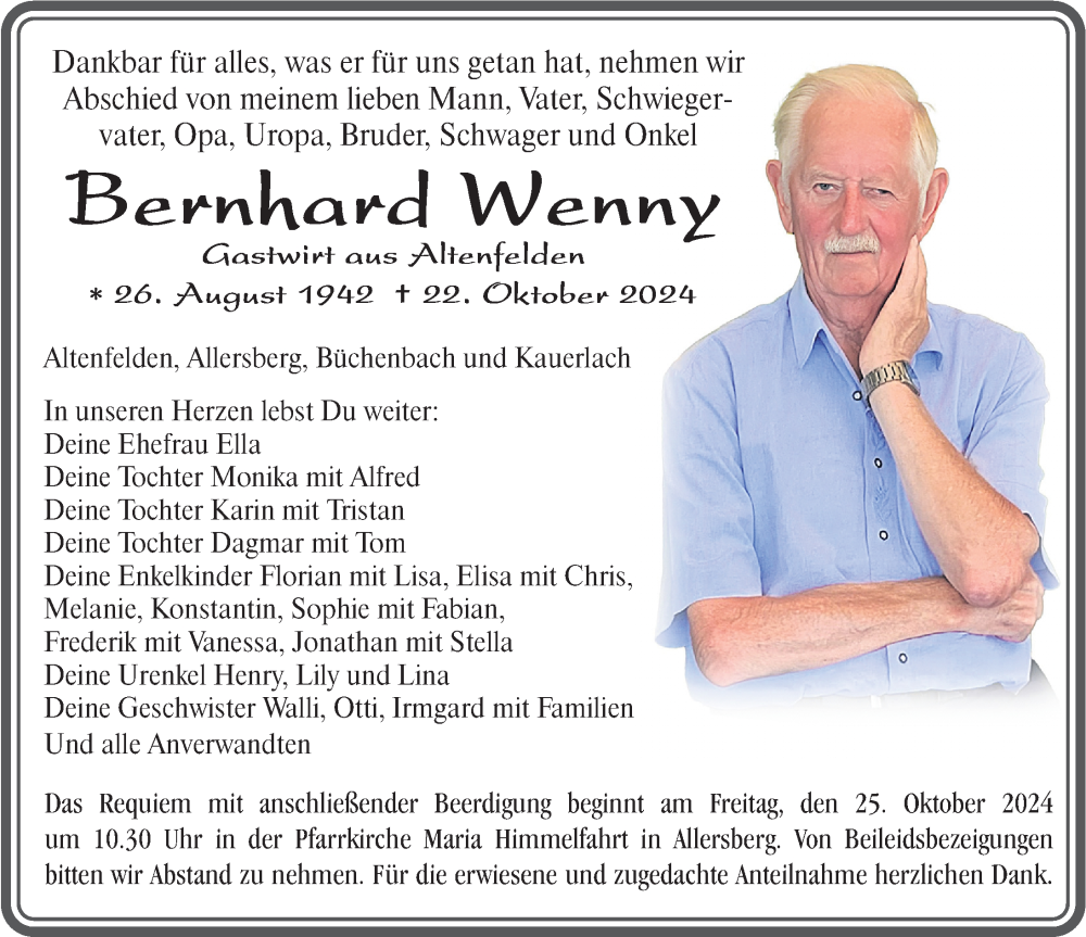  Traueranzeige für Bernhard Wenny vom 23.10.2024 aus Roth-Hilpoltsteiner Volkszeitung Lokal