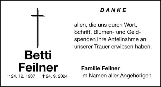 Traueranzeige von Betti Feilner von Fürther Nachrichten Lokal