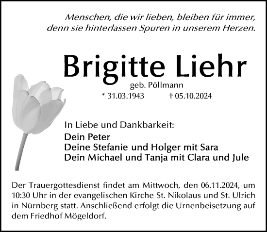 Traueranzeige von Brigitte Liehr von Gesamtausgabe Nürnberger Nachrichten/ Nürnberger Ztg.