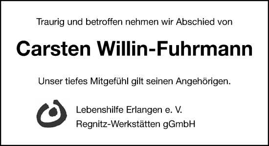 Traueranzeige von Carsten Willin-Fuhrmann von Erlanger Nachrichten Lokal