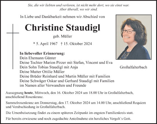 Traueranzeige von Christine Staudigl von Neumarkter Nachrichten Lokal