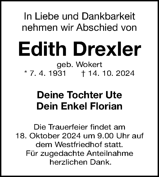 Traueranzeige von Edith Drexler von Gesamtausgabe Nürnberger Nachrichten/ Nürnberger Ztg.