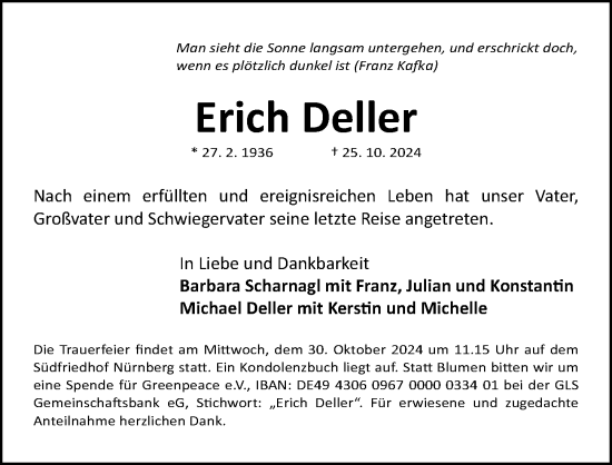 Traueranzeige von Erich Deller von Gesamtausgabe Nürnberger Nachrichten/ Nürnberger Ztg.