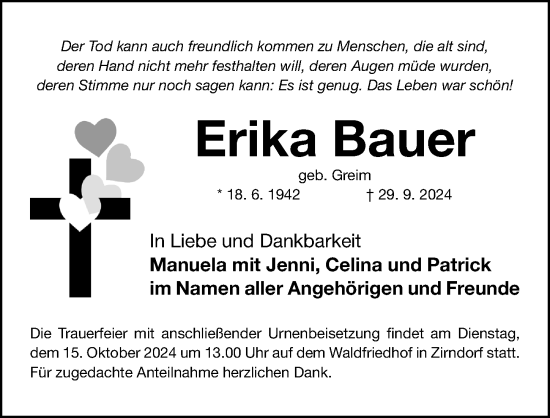 Traueranzeige von Erika Bauer von Gesamtausgabe Nürnberger Nachrichten/ Nürnberger Ztg.