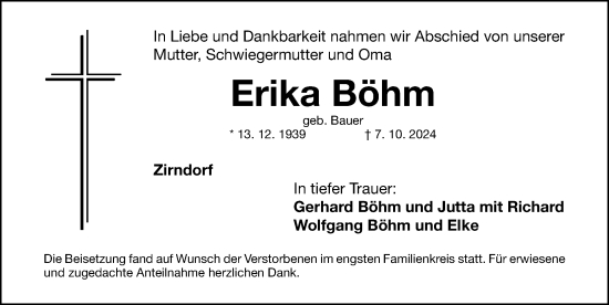 Traueranzeige von Erika Böhm von Fürther Nachrichten Lokal