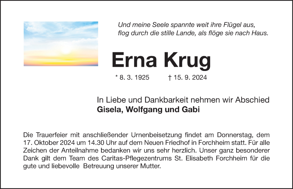  Traueranzeige für Erna Krug vom 12.10.2024 aus Nordbayerische Nachrichten Forchheim Lokal