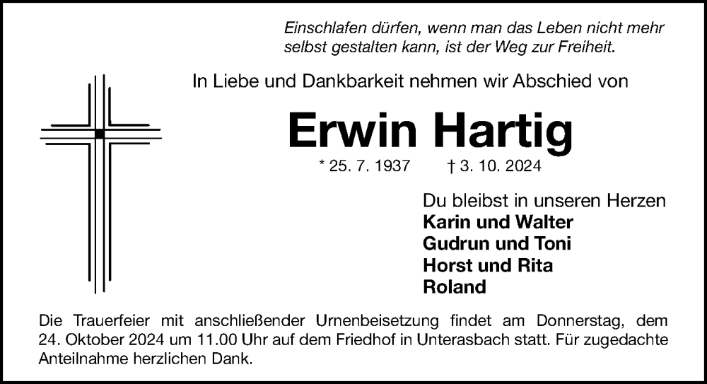  Traueranzeige für Erwin Hartig vom 19.10.2024 aus Fürther Nachrichten Lokal