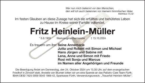 Traueranzeige von Fritz Heinlein-Müller von Fürther Nachrichten Lokal