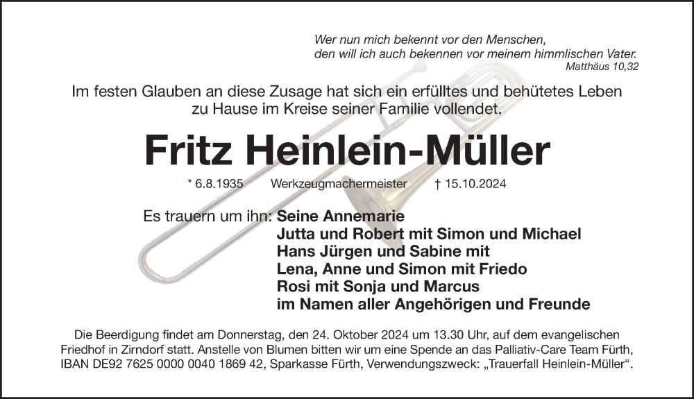  Traueranzeige für Fritz Heinlein-Müller vom 19.10.2024 aus Fürther Nachrichten Lokal