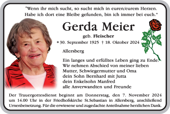 Traueranzeige von Gerda Meier von Roth-Hilpoltsteiner Volkszeitung Lokal