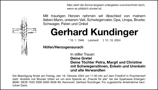 Traueranzeige von Gerhard Kundinger von Nordbayerische Nachrichten Herzogenaurach Lokal