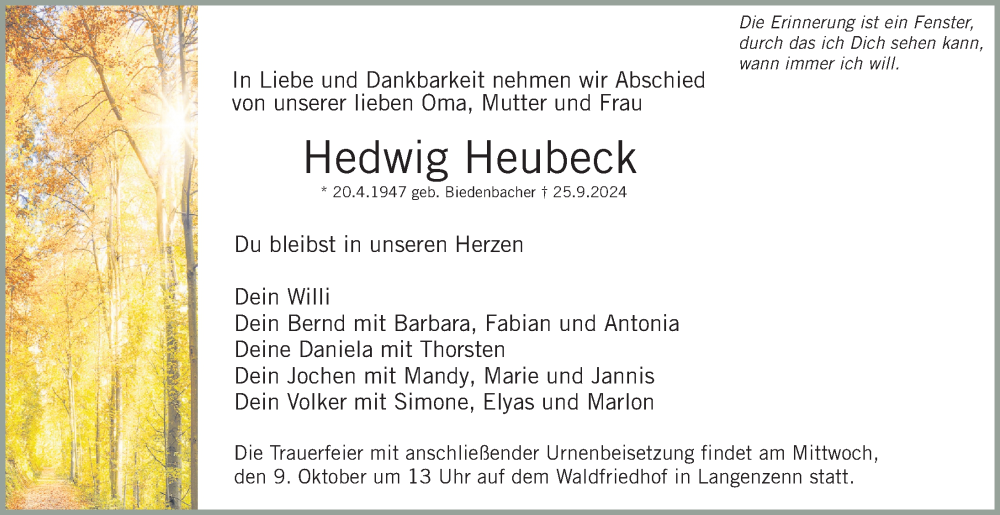  Traueranzeige für Hedwig Heubeck vom 05.10.2024 aus Fürther Nachrichten Lokal