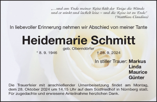 Traueranzeige von Heidemarie Schmitt von Gesamtausgabe Nürnberger Nachrichten/ Nürnberger Ztg.