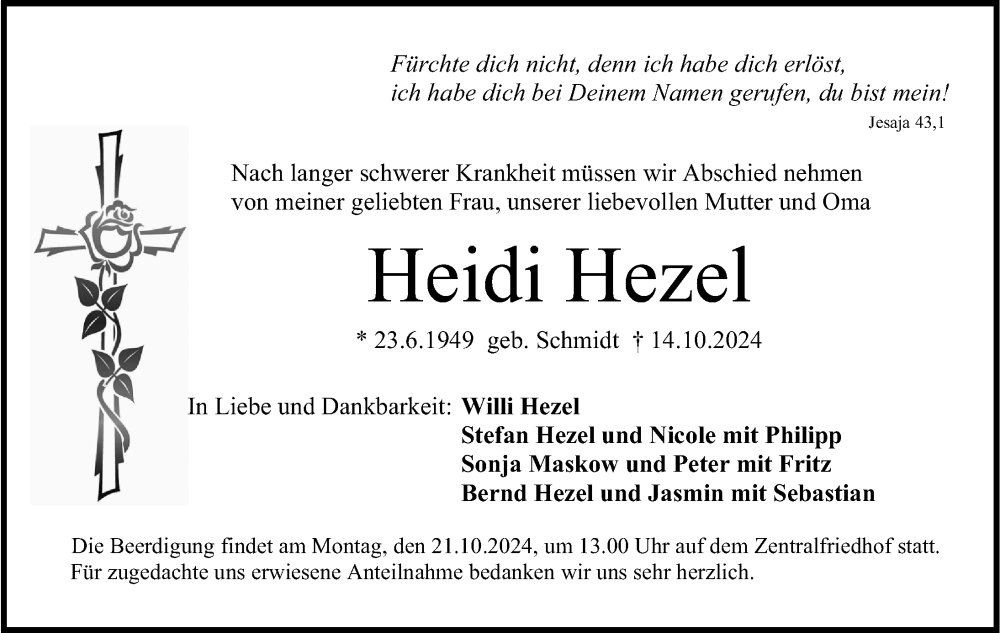  Traueranzeige für Heidi Hezel vom 16.10.2024 aus Erlanger Nachrichten Lokal