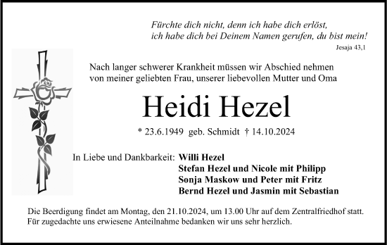 Traueranzeige von Heidi Hezel von Erlanger Nachrichten Lokal