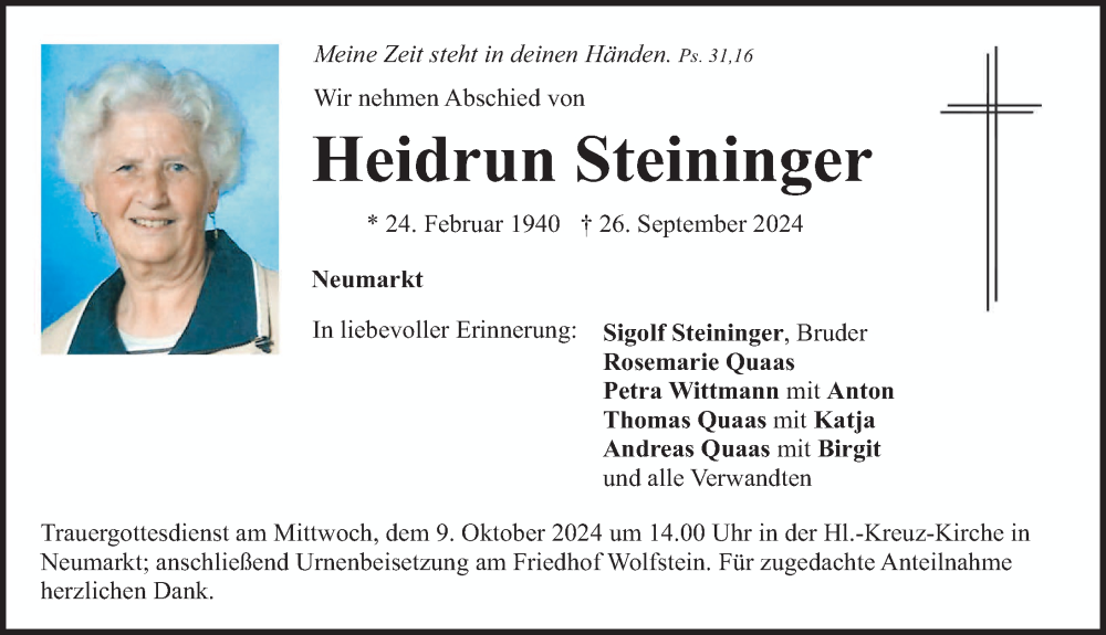  Traueranzeige für Heidrun Steininger vom 05.10.2024 aus Neumarkter Nachrichten Lokal