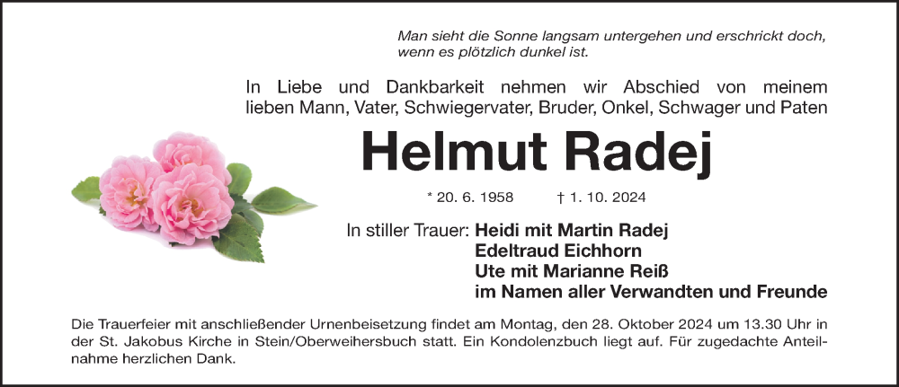  Traueranzeige für Helmut Radej vom 26.10.2024 aus Gesamtausgabe Nürnberger Nachrichten/ Nürnberger Ztg.