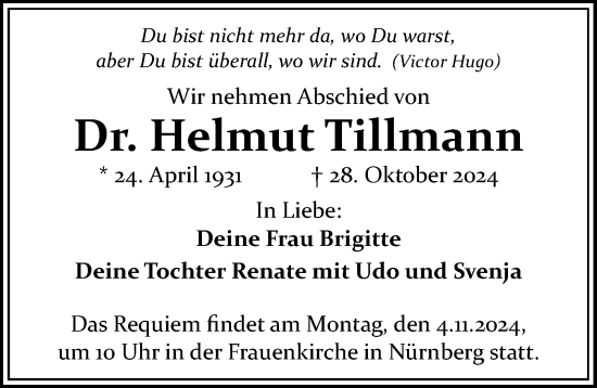 Traueranzeige von Helmut Tillmann von Gesamtausgabe Nürnberger Nachrichten/ Nürnberger Ztg.