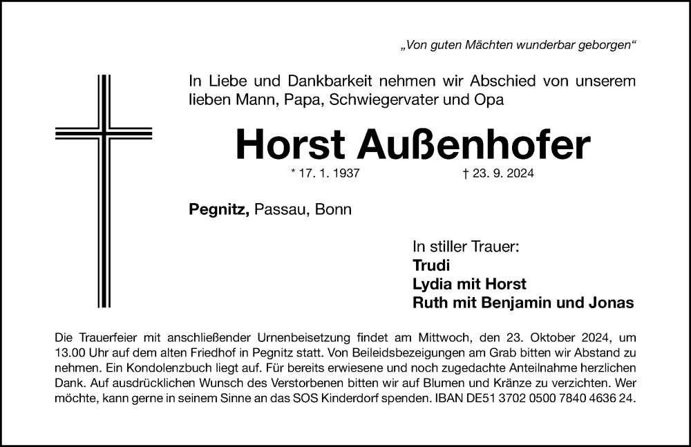  Traueranzeige für Horst Außenhofer vom 16.10.2024 aus Nordbayerische Nachrichten Pegnitz Lokal