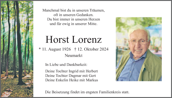 Traueranzeige von Horst Lorenz von Neumarkter Nachrichten Lokal