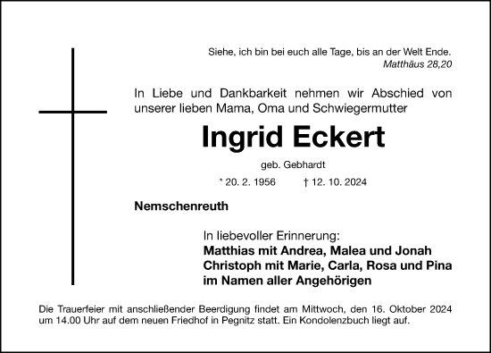 Traueranzeige von Ingrid Eckert von Nordbayerische Nachrichten Pegnitz Lokal