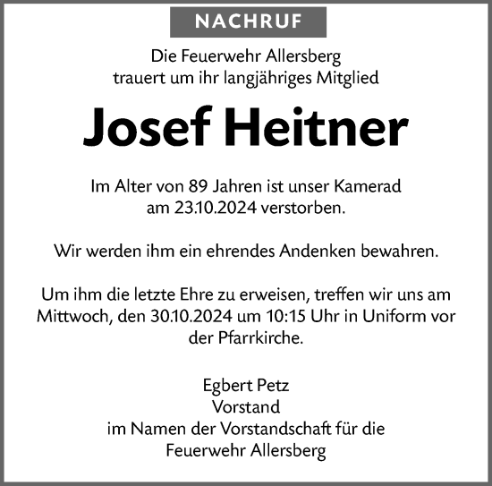 Traueranzeige von Josef Heitner von Roth-Hilpoltsteiner Volkszeitung Lokal