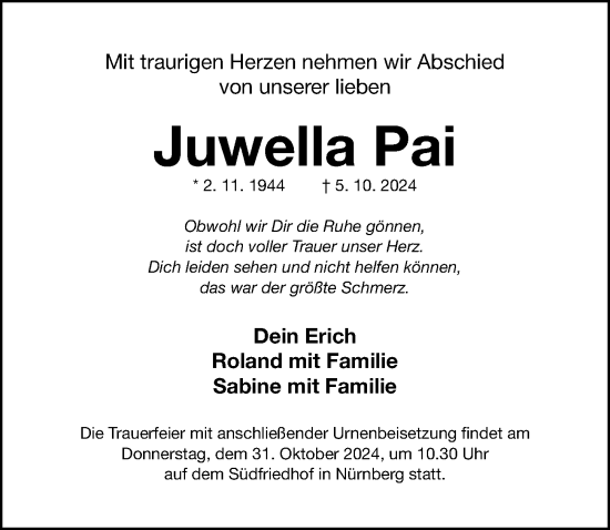 Traueranzeige von Juwella Pai von Gesamtausgabe Nürnberger Nachrichten/ Nürnberger Ztg.